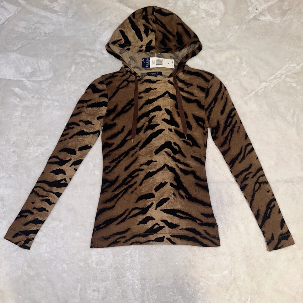 Chaps Brown & Black Tiger Animal Print Hoodie Size Medium NWT - Picture 2 of 11